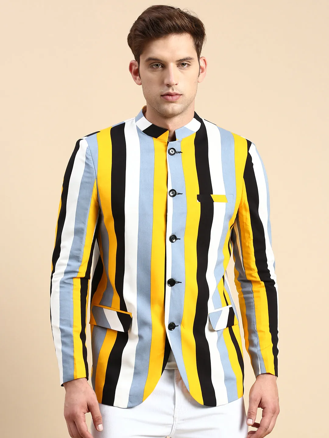 Men Multi Striped Slim-Fit Bandhgala Blazer