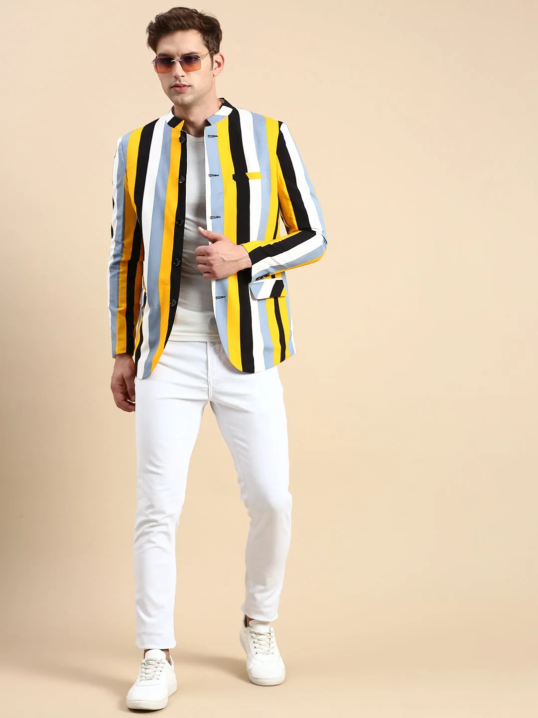Men Multi Striped Slim-Fit Bandhgala Blazer
