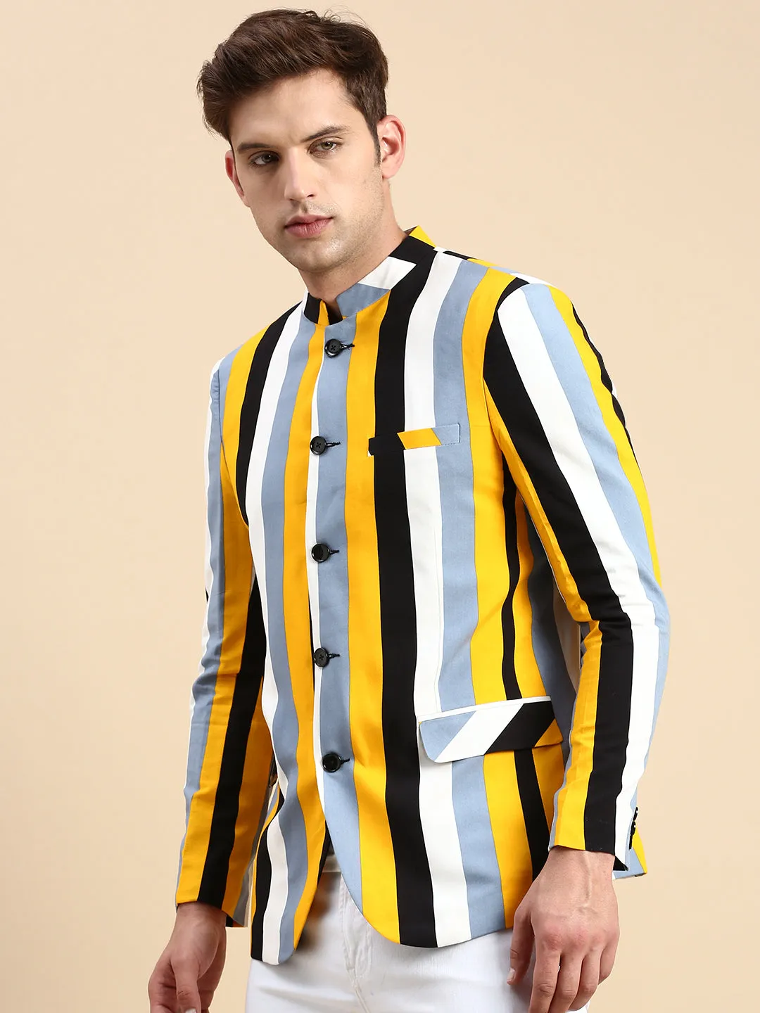 Men Multi Striped Slim-Fit Bandhgala Blazer