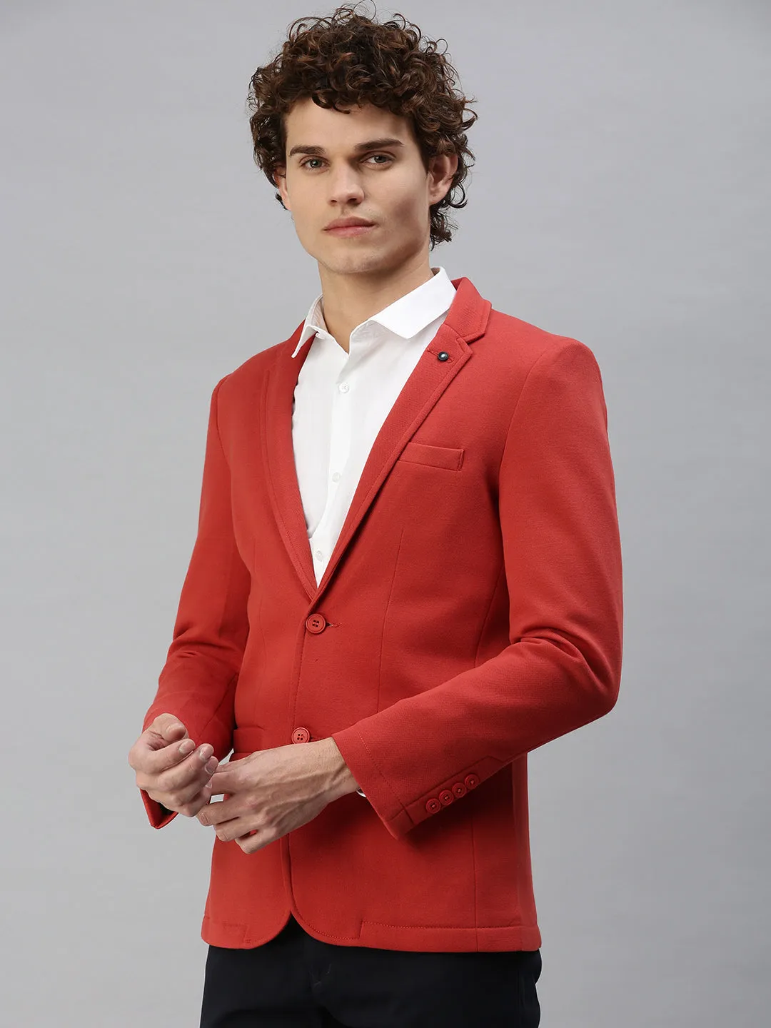 Men Rust Solid Single-Breasted Slim-Fit Blazer