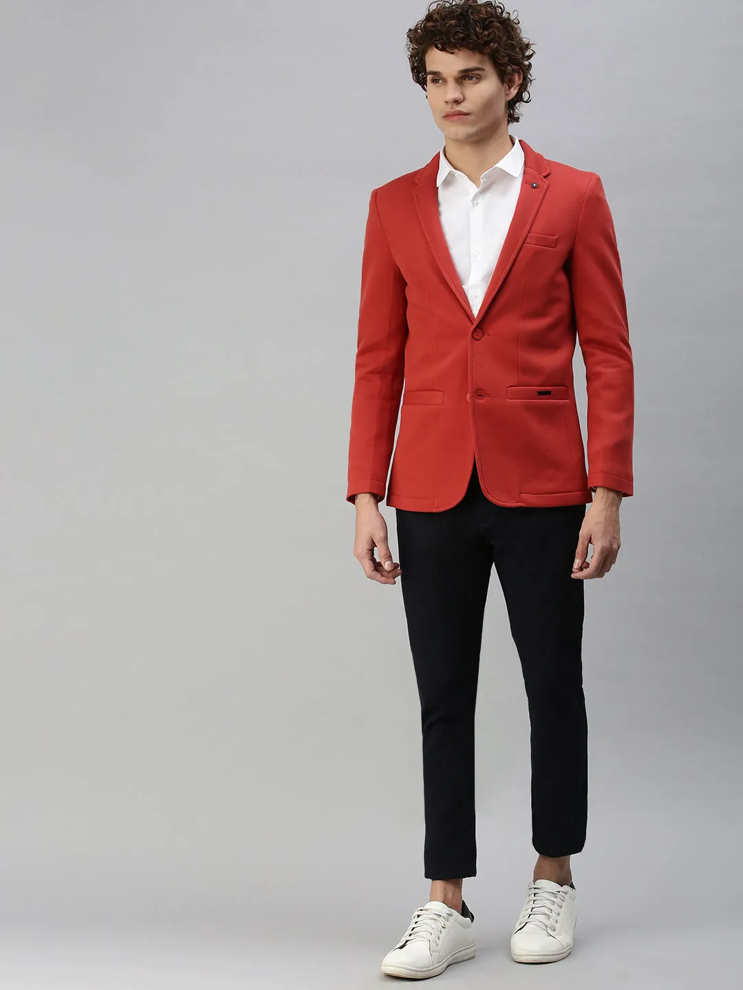 Men Rust Solid Single-Breasted Slim-Fit Blazer
