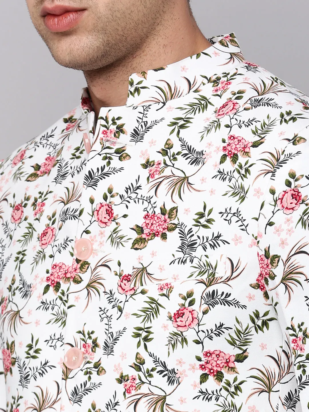 Men White Printed Slim-Fit Bandhgala Blazer
