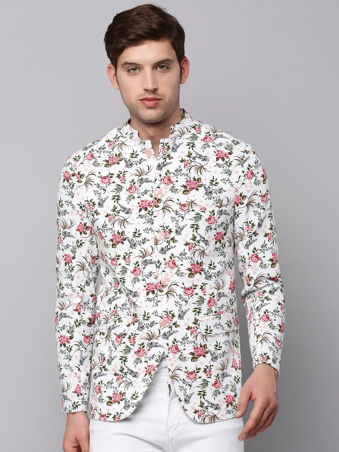 Men White Printed Slim-Fit Bandhgala Blazer