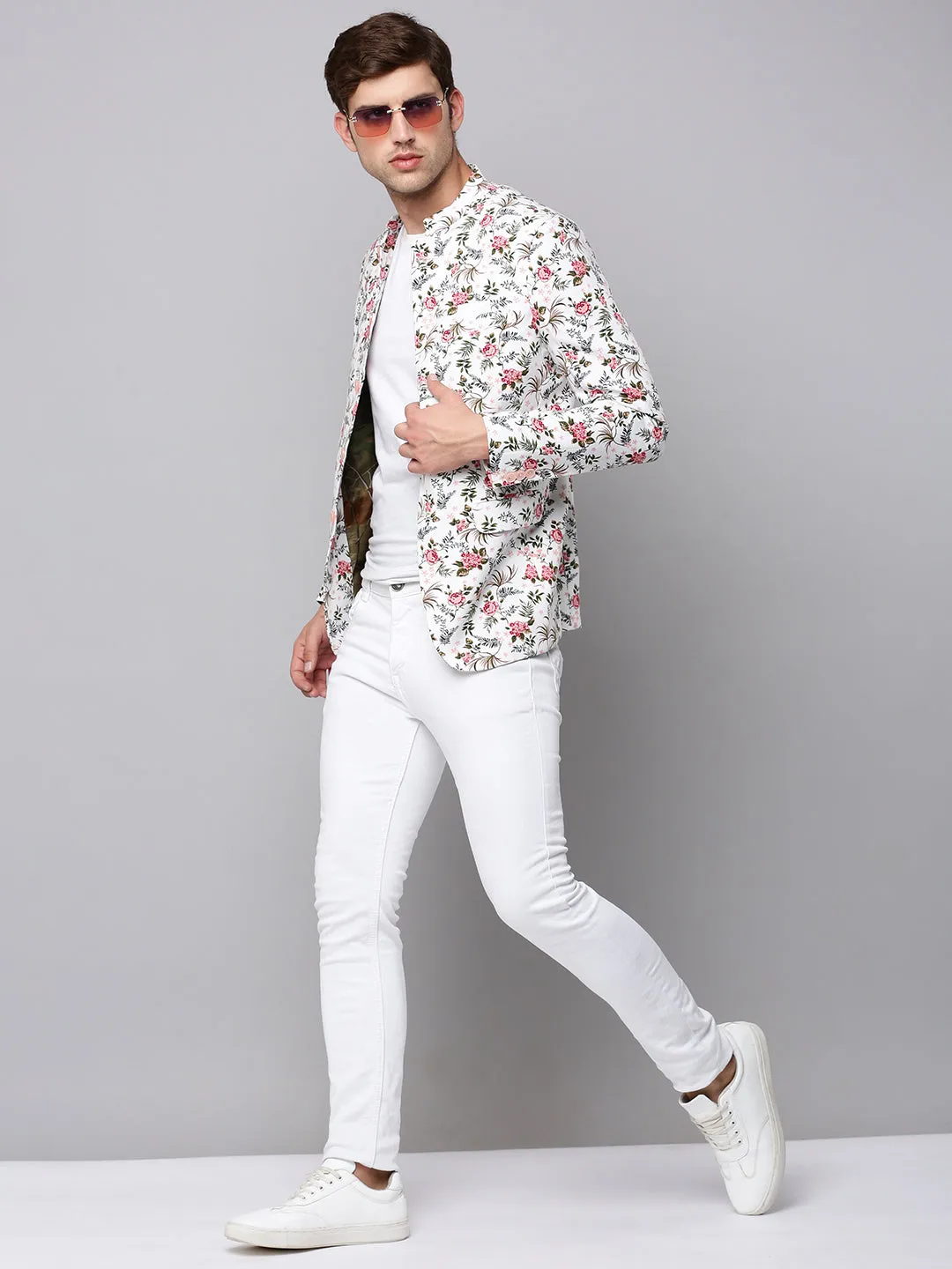 Men White Printed Slim-Fit Bandhgala Blazer