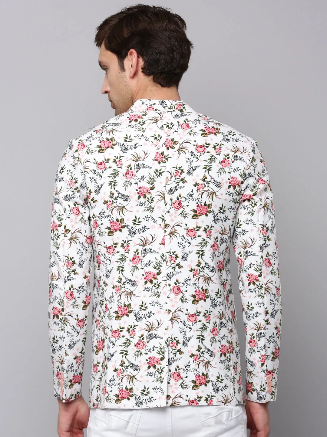 Men White Printed Slim-Fit Bandhgala Blazer