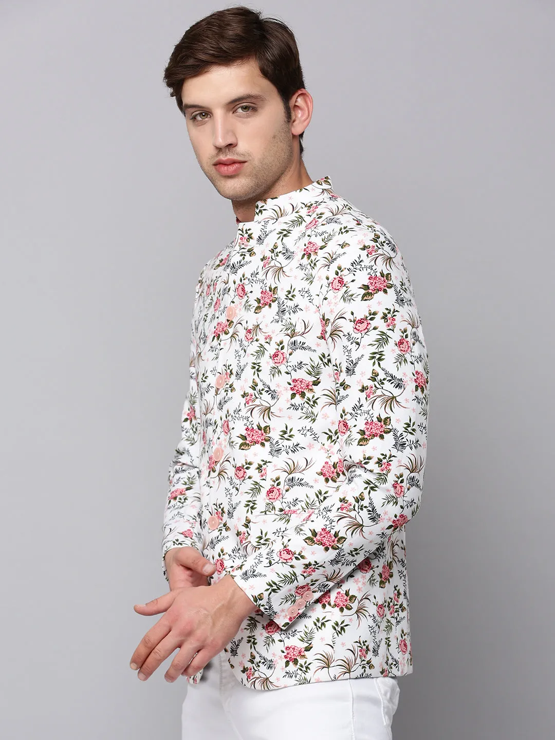 Men White Printed Slim-Fit Bandhgala Blazer