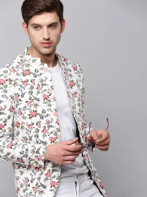 Men White Printed Slim-Fit Bandhgala Blazer
