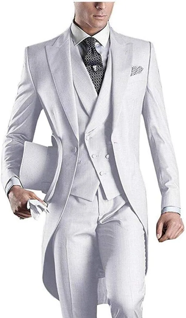 Men's White 3PC Long Tailcoat Suit Notch Lapel One Button Wedding Suits Groom Tuxedos