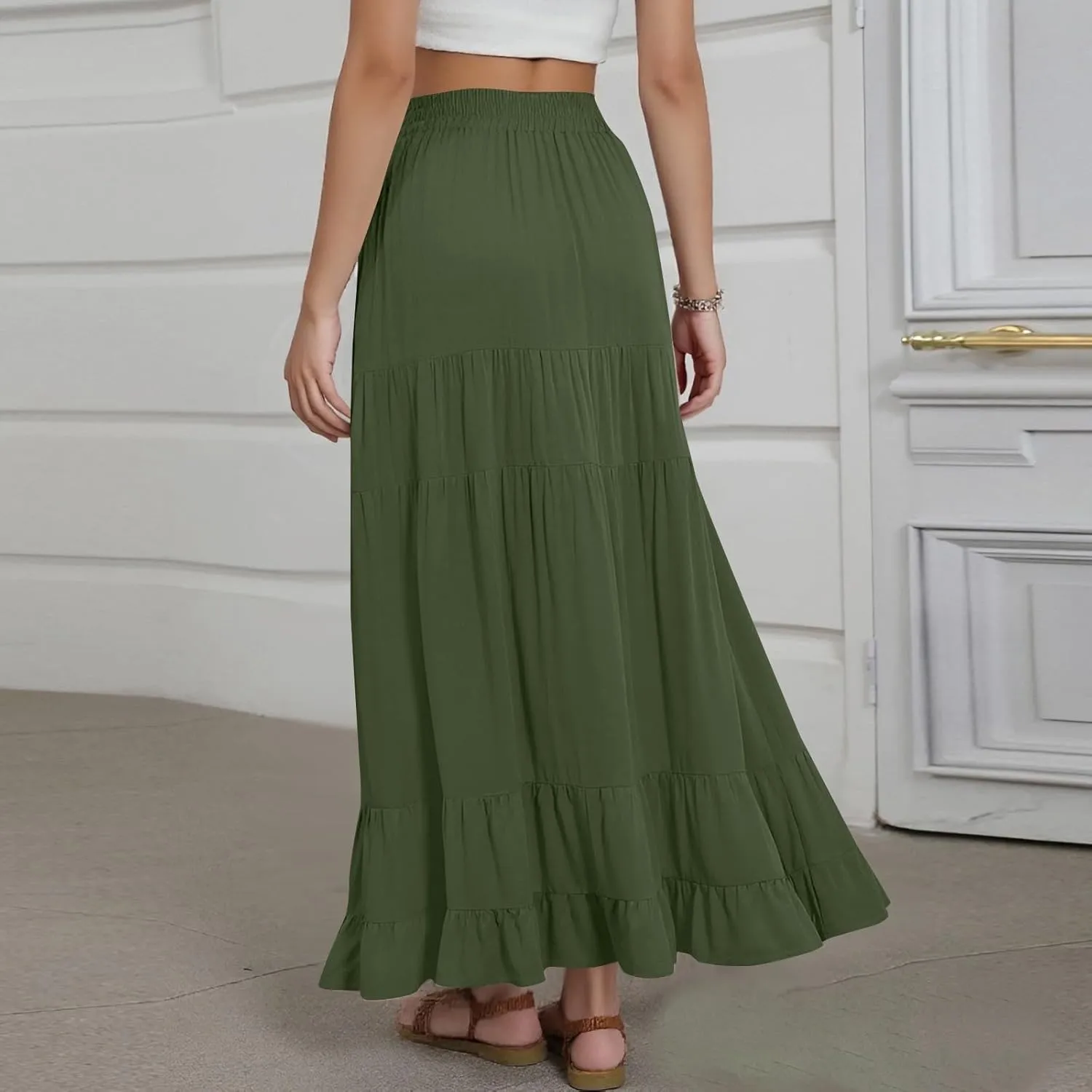 midelxp Flowy Long Skirts for Women Summer Elastic High Waist A Line Pleated Skirts Y2k Comfy Tiered Maxi Skirt with Pockets