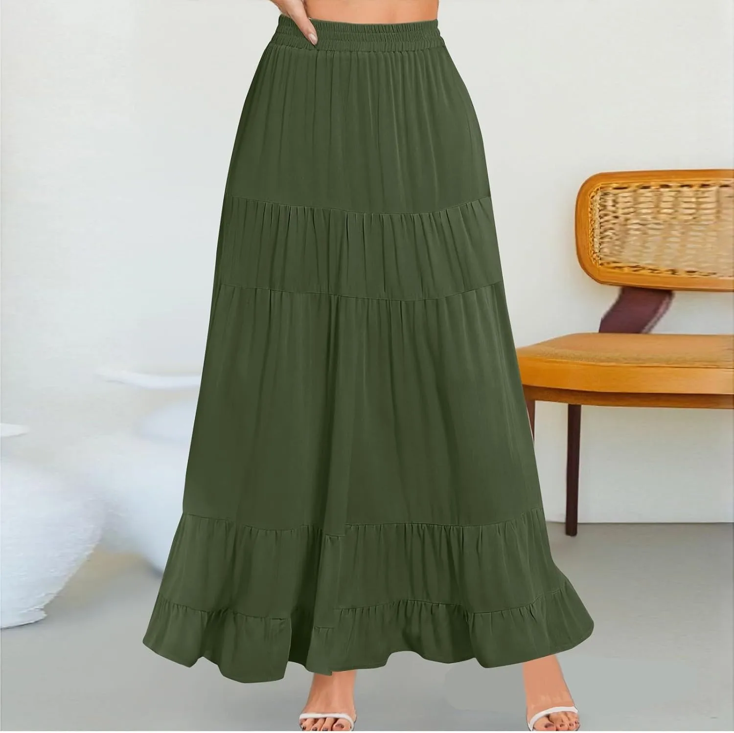 midelxp Flowy Long Skirts for Women Summer Elastic High Waist A Line Pleated Skirts Y2k Comfy Tiered Maxi Skirt with Pockets