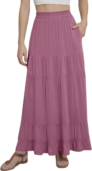 midelxp Flowy Long Skirts for Women Summer Elastic High Waist A Line Pleated Skirts Y2k Comfy Tiered Maxi Skirt with Pockets