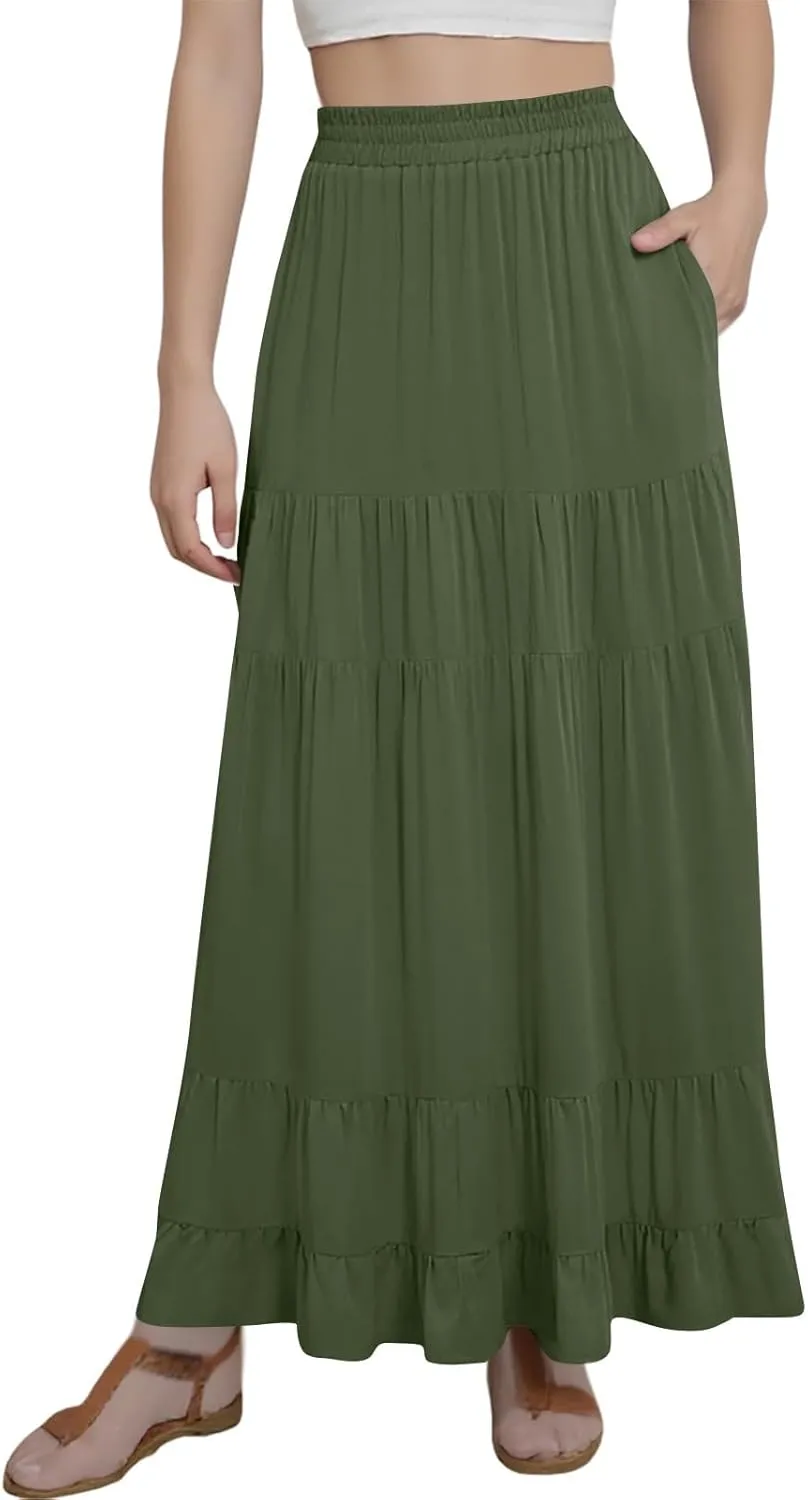 midelxp Flowy Long Skirts for Women Summer Elastic High Waist A Line Pleated Skirts Y2k Comfy Tiered Maxi Skirt with Pockets