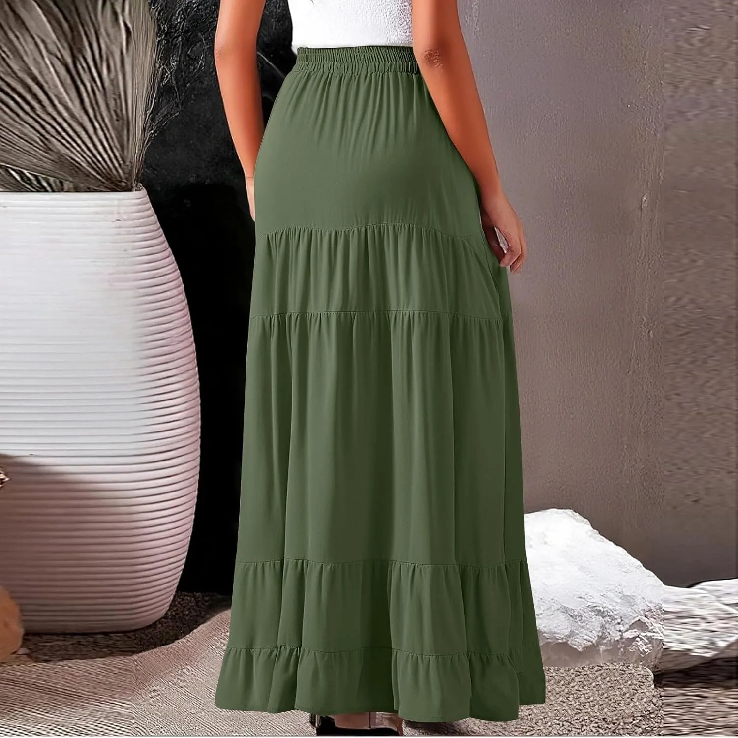 midelxp Flowy Long Skirts for Women Summer Elastic High Waist A Line Pleated Skirts Y2k Comfy Tiered Maxi Skirt with Pockets