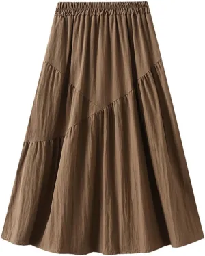 Midi Skirts for Women High Waist Elastic Pleated Casual Long Skirt 2024 Summer Solid Color Loose Flowy A-line Skirts