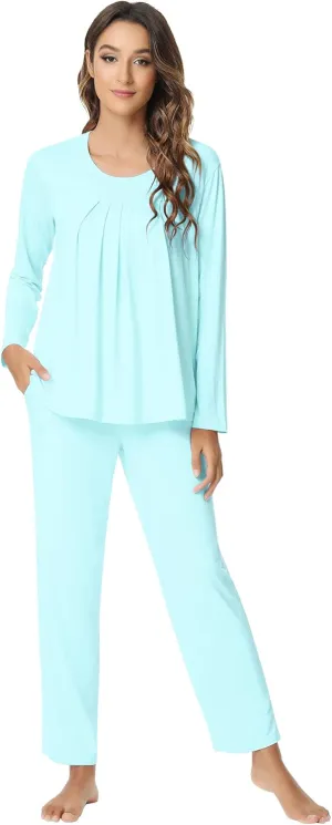 NACHILA Pajamas for Women-Viscose Made from Bamboo,Long Sleeve Pajama Sets Comfy Loungewear Pleated Pjs