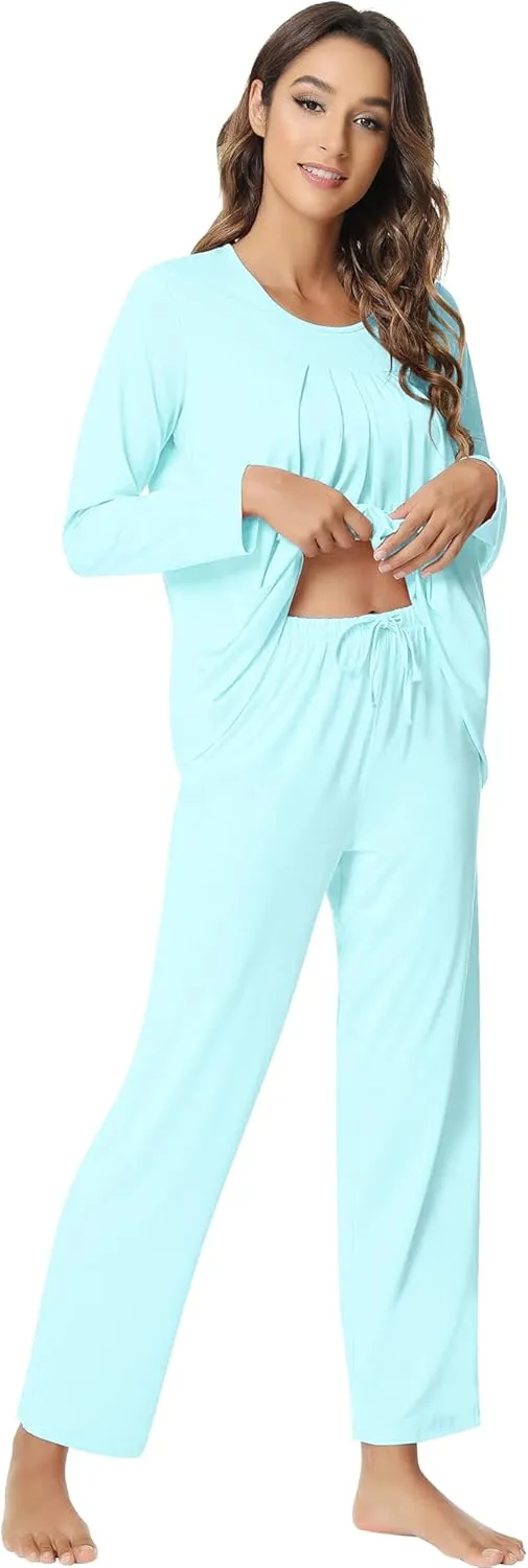 NACHILA Pajamas for Women-Viscose Made from Bamboo,Long Sleeve Pajama Sets Comfy Loungewear Pleated Pjs