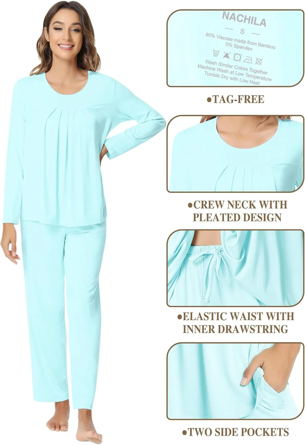 NACHILA Pajamas for Women-Viscose Made from Bamboo,Long Sleeve Pajama Sets Comfy Loungewear Pleated Pjs
