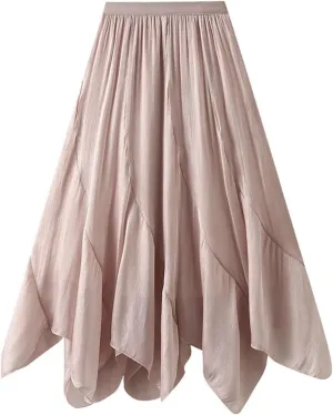 Oplxuo Women's High Waisted Skirts A-Line Swing Asymmetrical Hem Mini Skater Skirt Casual Loose Mid Long Skirt