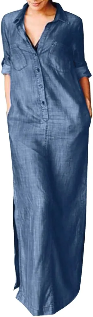 Oplxuo Women's Plus Size Denim Dress Long with Slit Button Down Shirt Dress Long Sleeve Lapel Casual Loose Jean Maxi Dresses