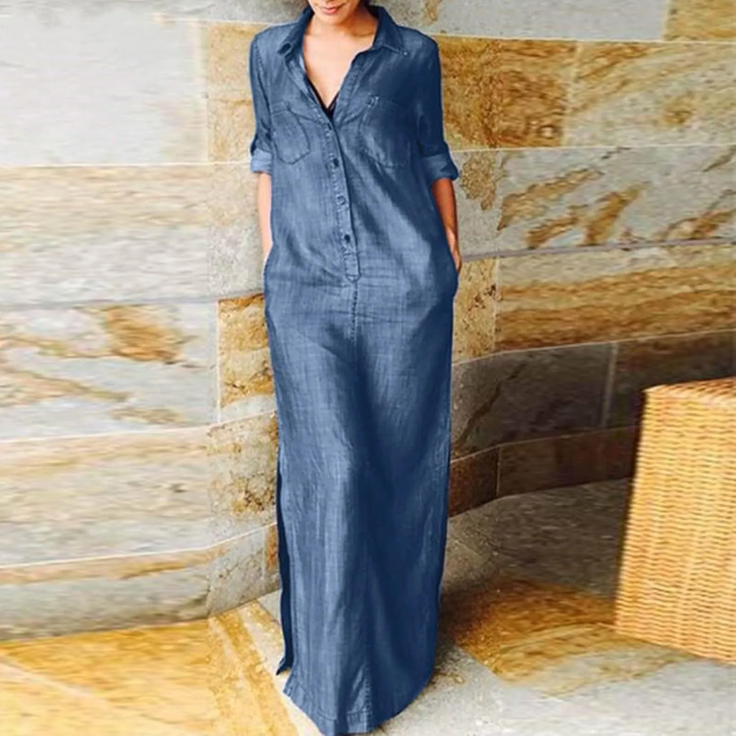Oplxuo Women's Plus Size Denim Dress Long with Slit Button Down Shirt Dress Long Sleeve Lapel Casual Loose Jean Maxi Dresses