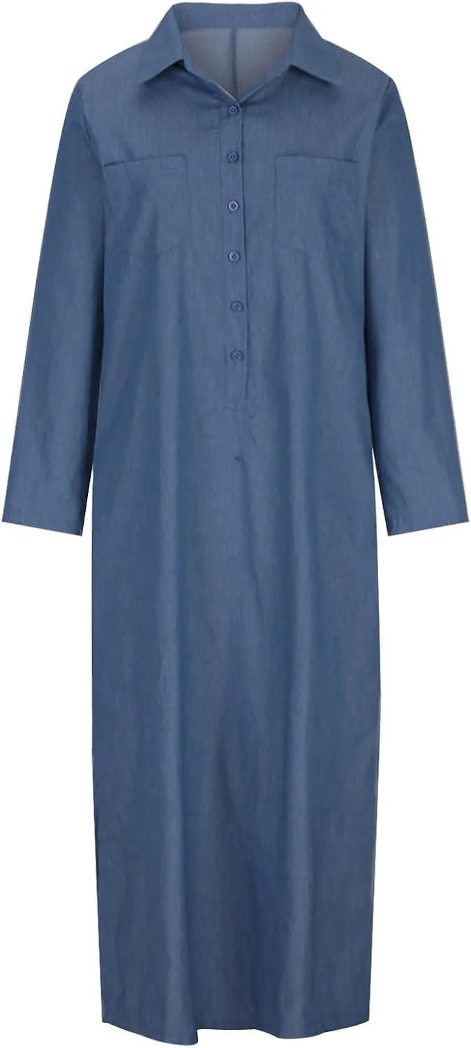 Oplxuo Women's Plus Size Denim Dress Long with Slit Button Down Shirt Dress Long Sleeve Lapel Casual Loose Jean Maxi Dresses