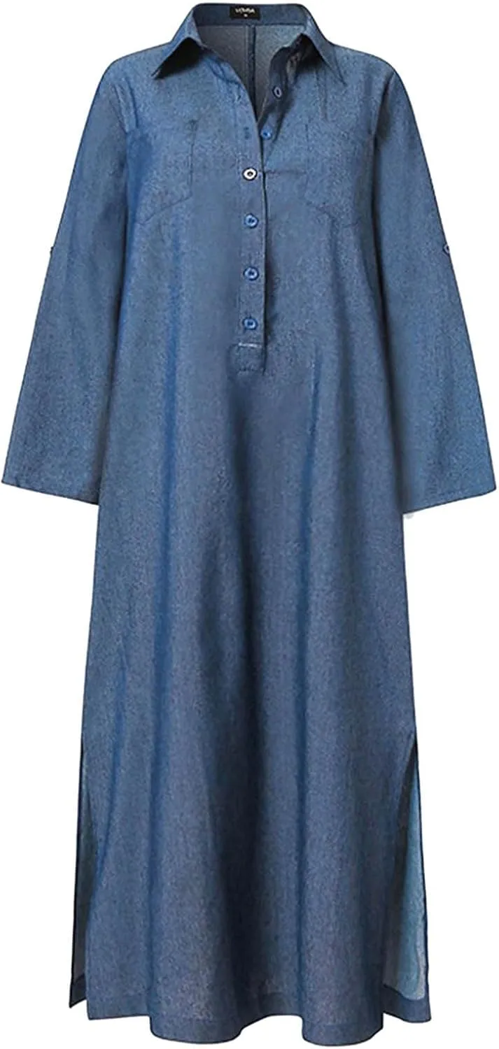 Oplxuo Women's Plus Size Denim Dress Long with Slit Button Down Shirt Dress Long Sleeve Lapel Casual Loose Jean Maxi Dresses