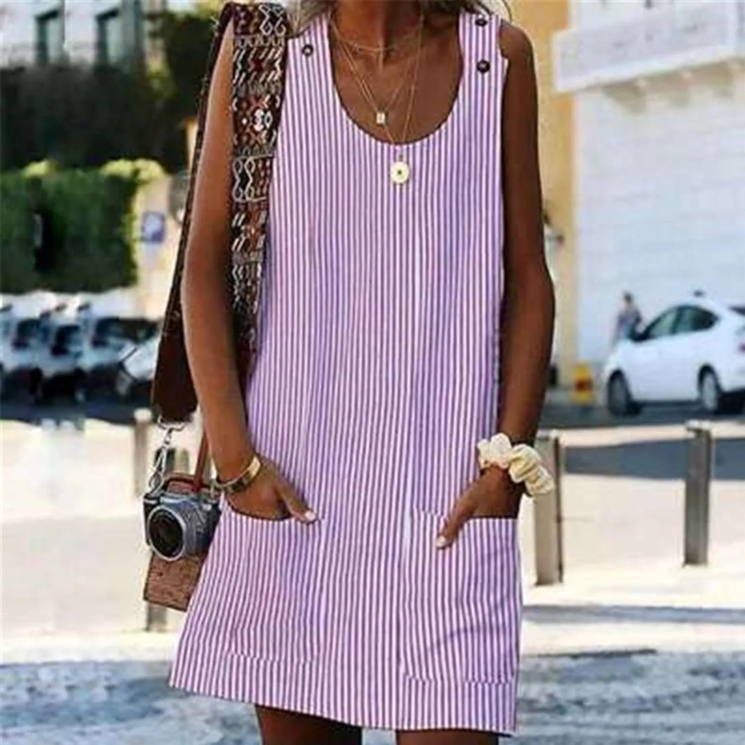 Plus Size Summer Dresses for Women 2024 Casual Striped Sleeveless Sundresses with Pockets Loose A Line Mini Dress
