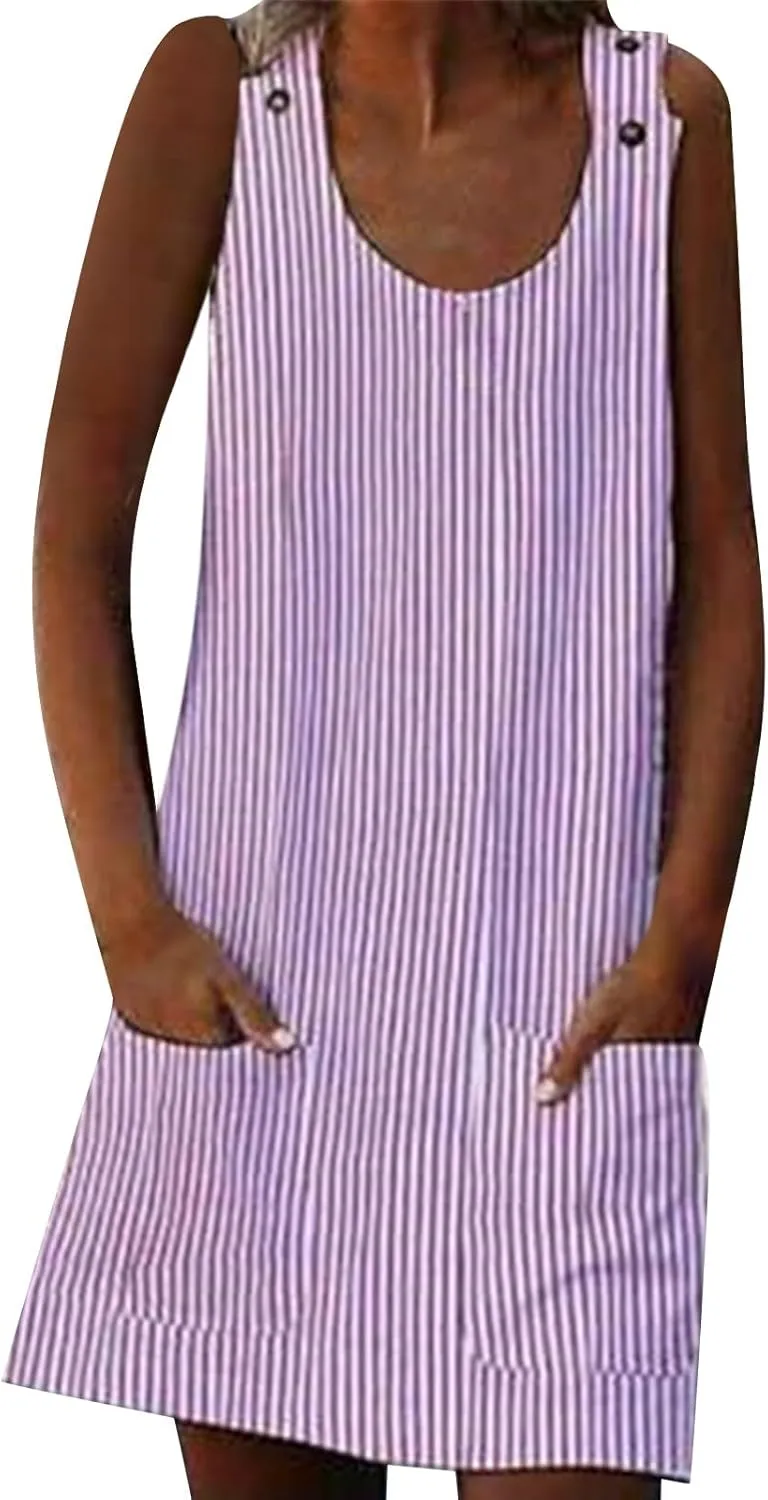 Plus Size Summer Dresses for Women 2024 Casual Striped Sleeveless Sundresses with Pockets Loose A Line Mini Dress