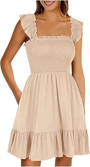 PTOLOCIF Womens Summer Casual Sleeveless Square Neck Smocked Ruffle Backless Boho Short Mini Casual Fall Work Dresses for