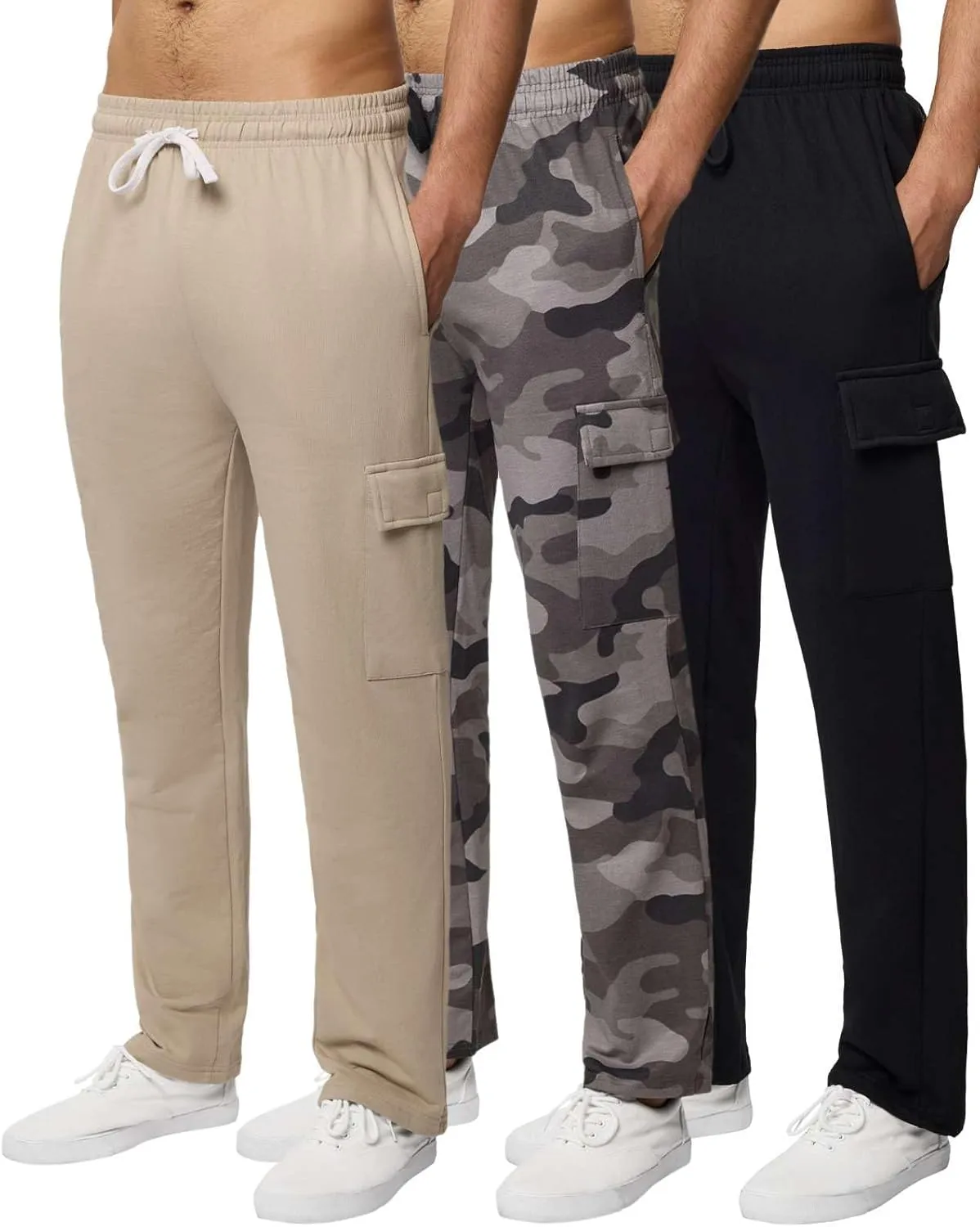 Real Essentials 3 Pack: Men's Tech Fleece Open Bottom Cargo Sweatpants with Pockets (Available in Big & Tall)