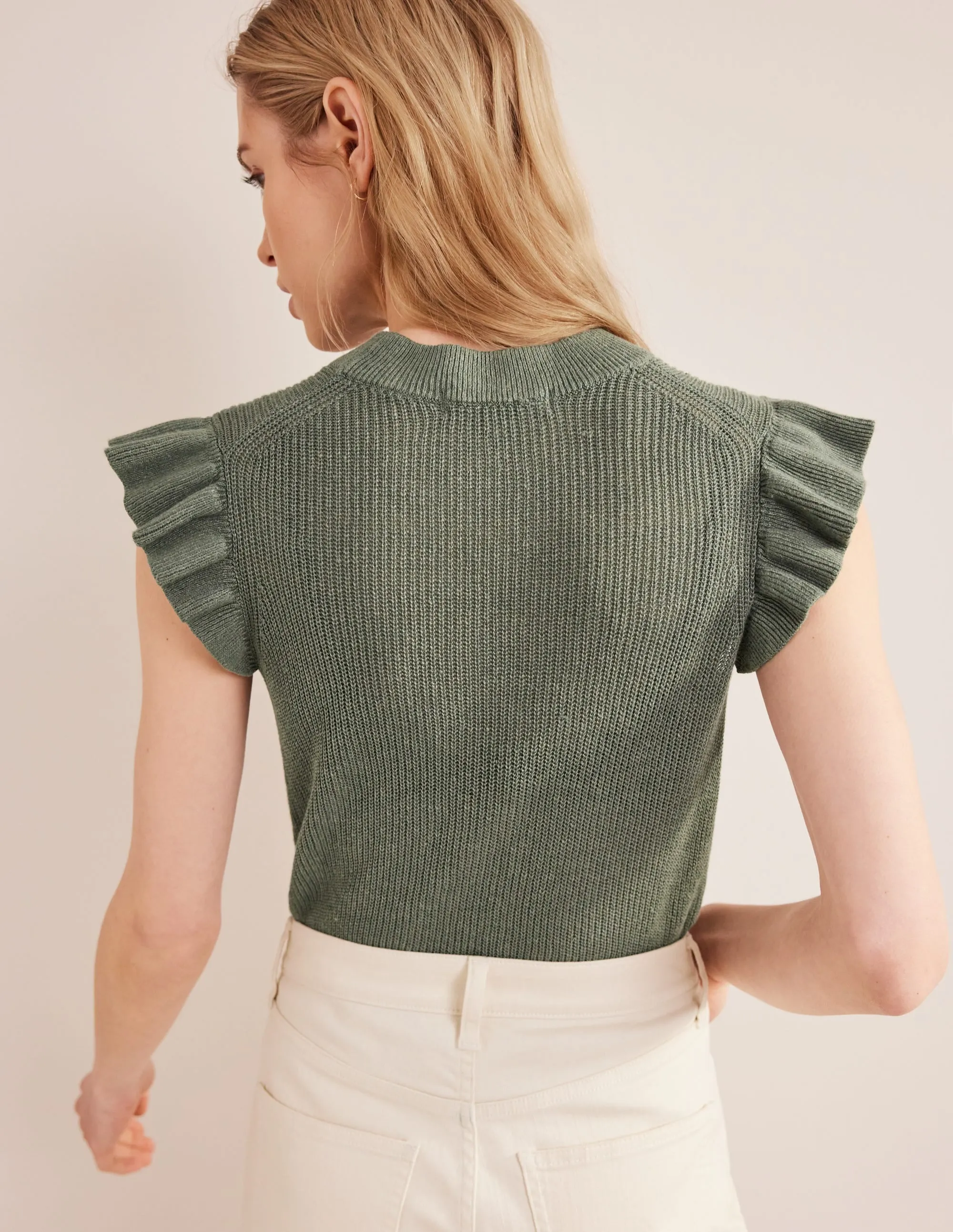 Ribbed Frill Linen Vest-Alder