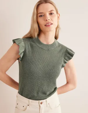 Ribbed Frill Linen Vest-Alder