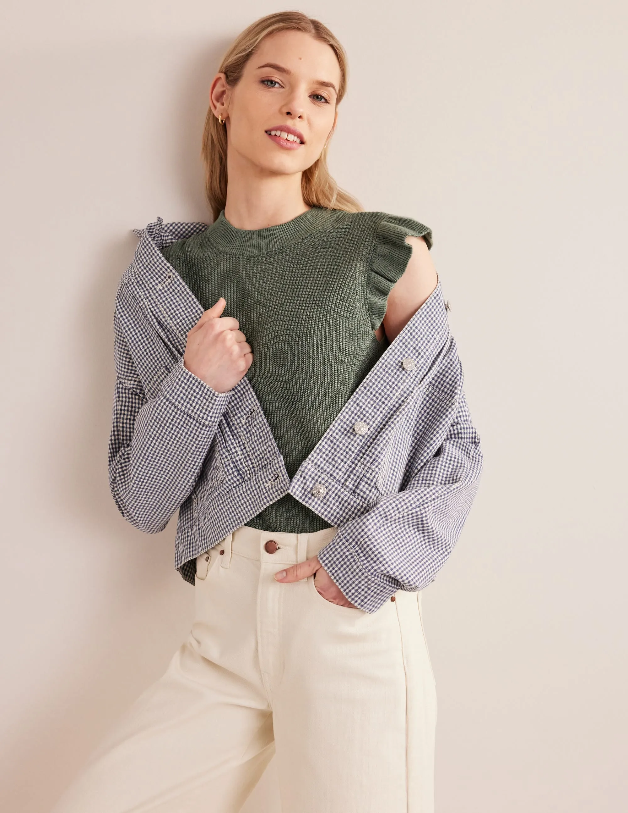 Ribbed Frill Linen Vest-Alder