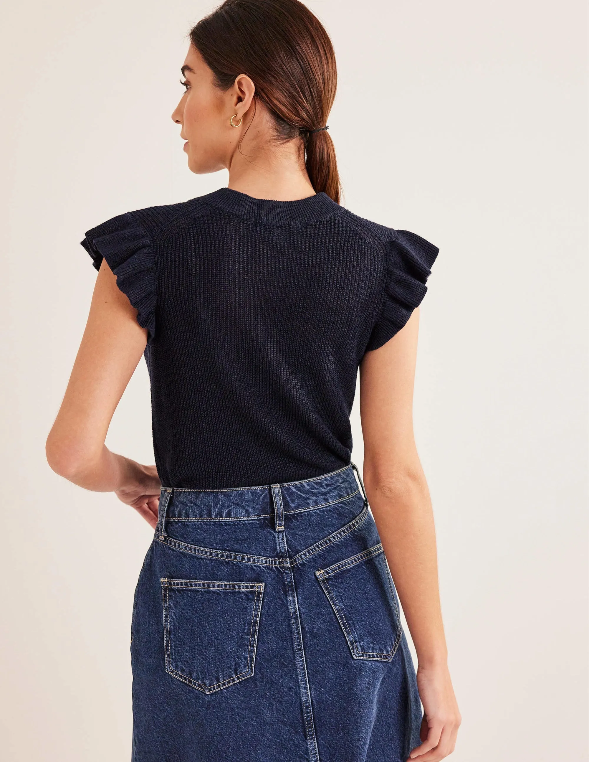 Ribbed Frill Linen Vest-Navy