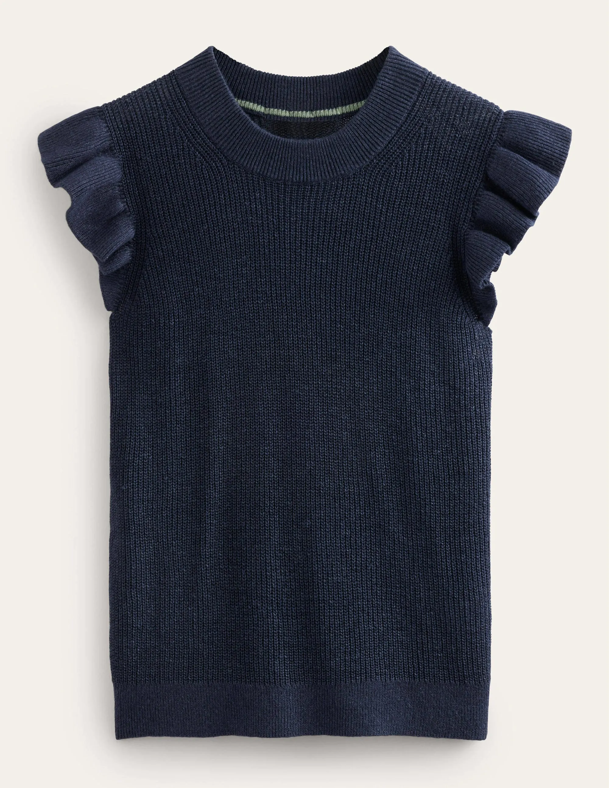 Ribbed Frill Linen Vest-Navy