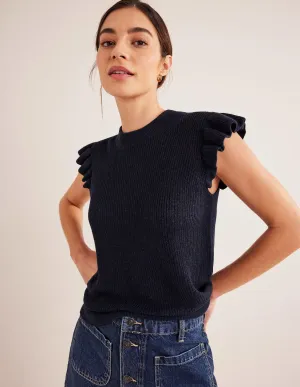Ribbed Frill Linen Vest-Navy