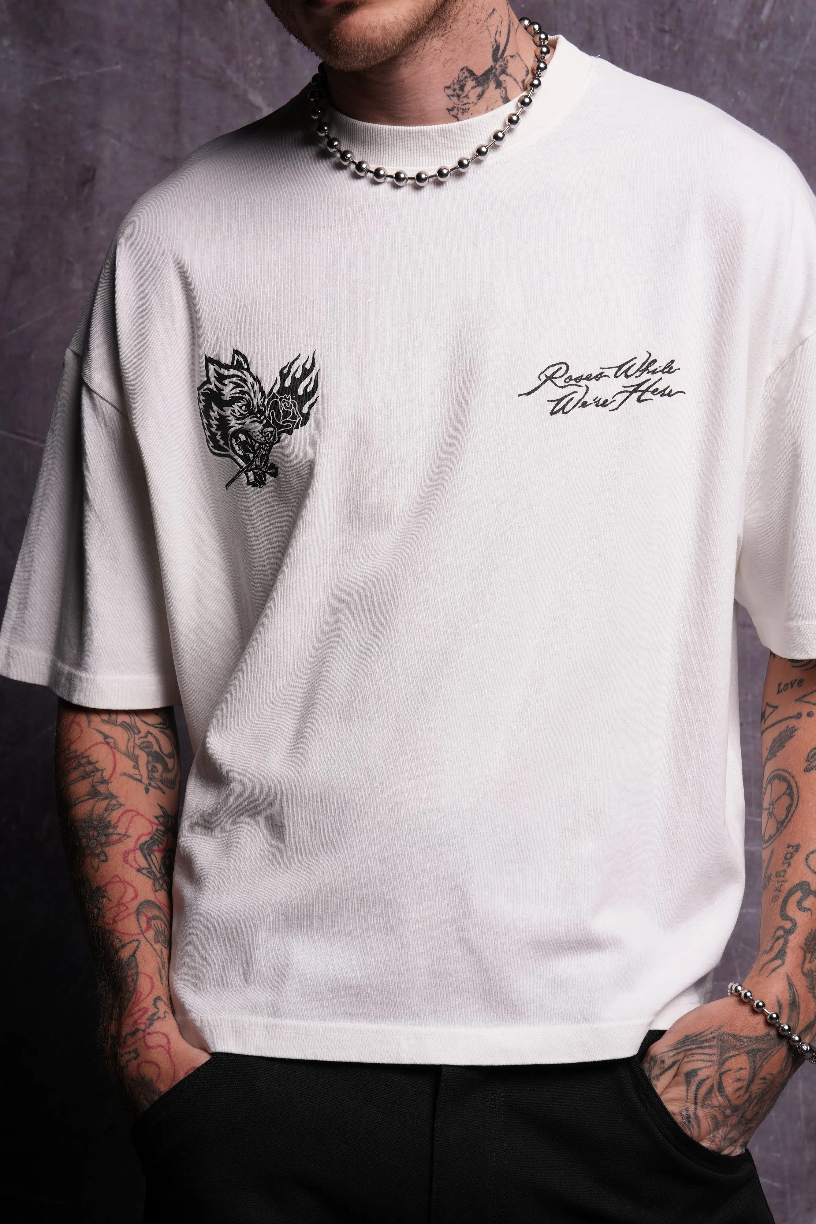 Roses While We're Here "Premium" Box Cut Tee in Cream