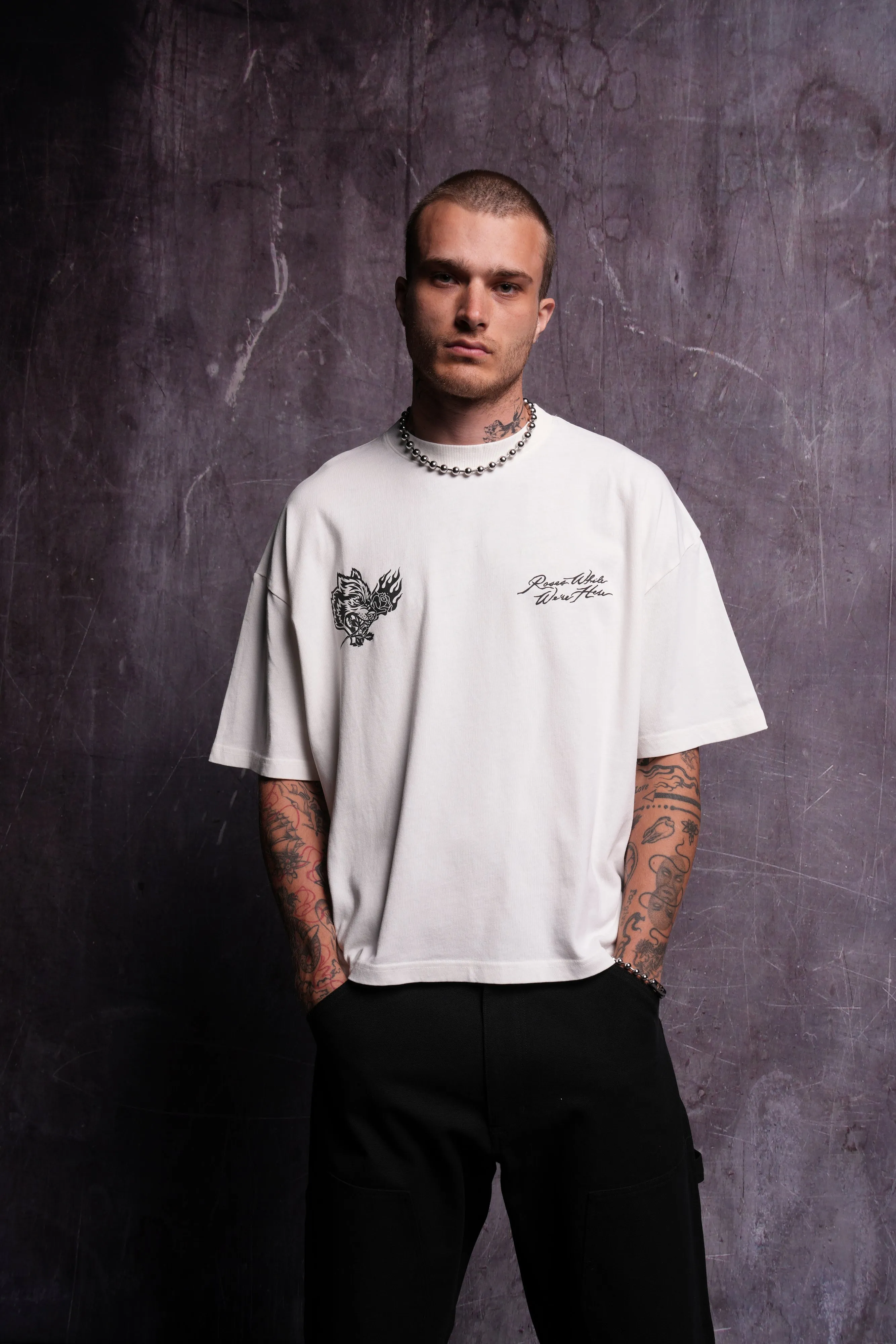 Roses While We're Here "Premium" Box Cut Tee in Cream