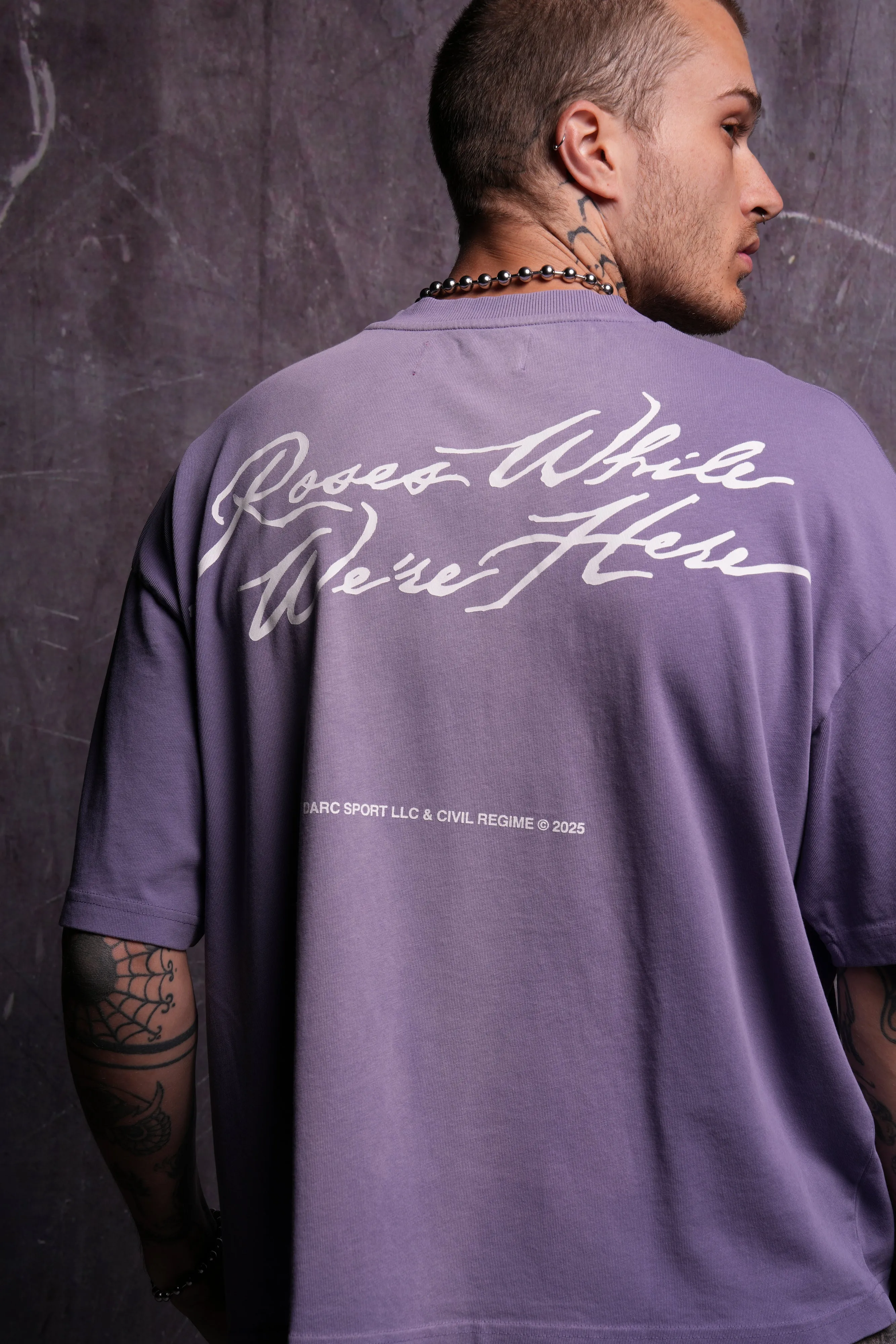 Roses While We're Here "Premium" Box Cut Tee in Darc Orchid Sun Fade