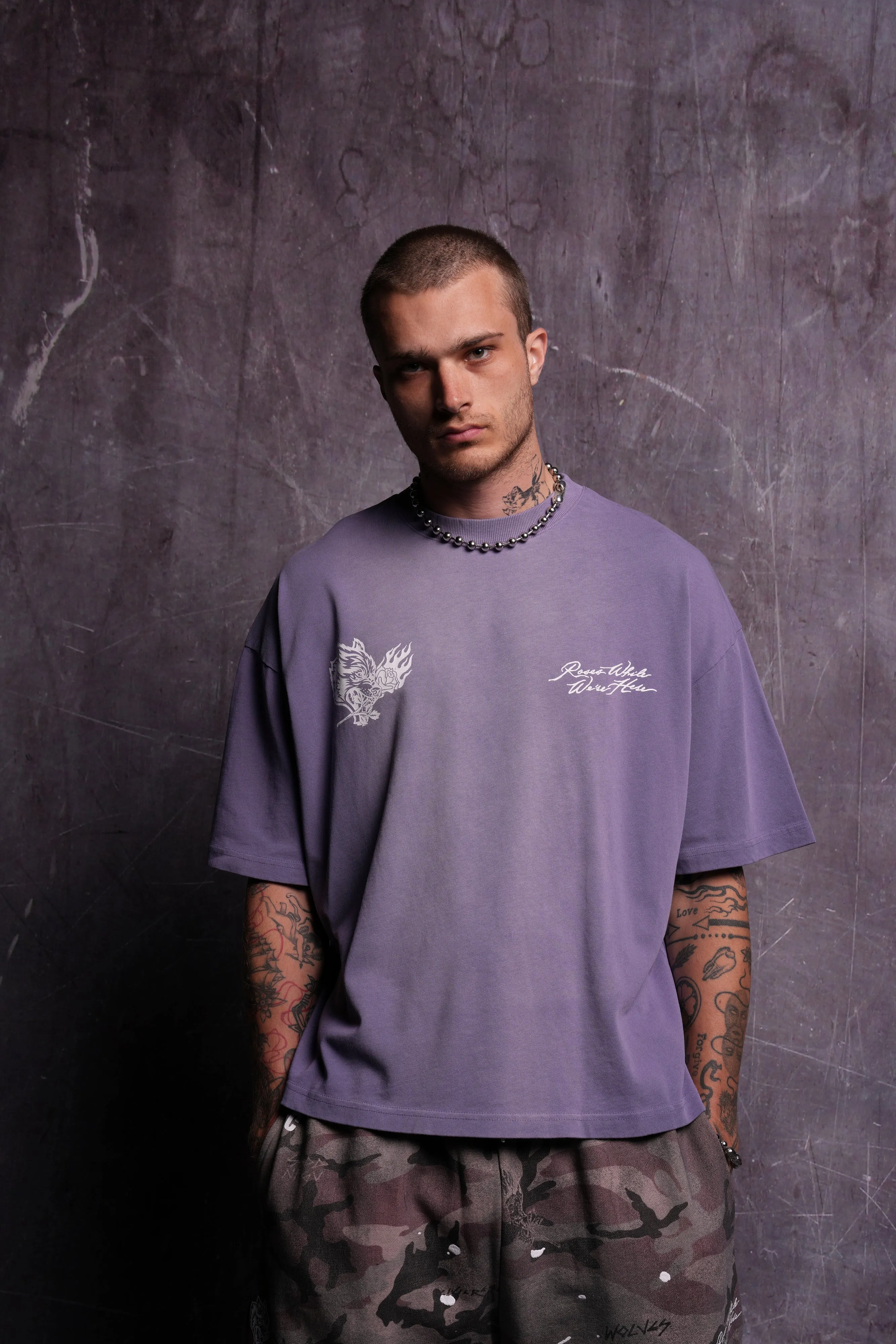 Roses While We're Here "Premium" Box Cut Tee in Darc Orchid Sun Fade