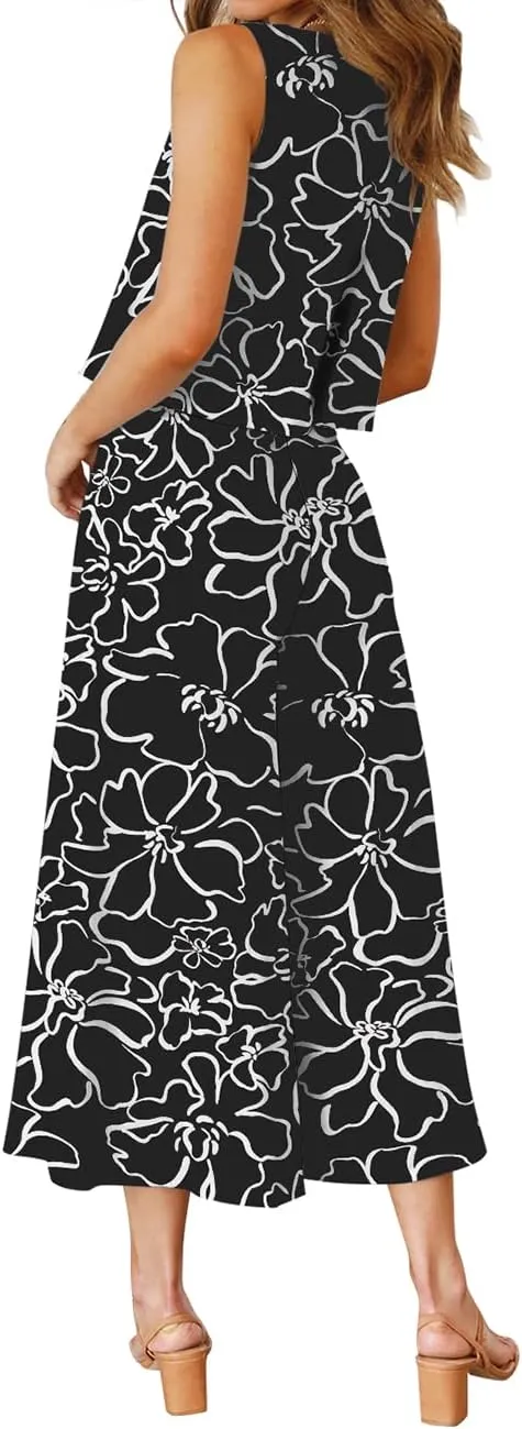 ROYLAMP Women's Summer 2 Piece Outfits Round Neck Crop Basic Top Cropped Wide Leg Pants Set Jumpsuits