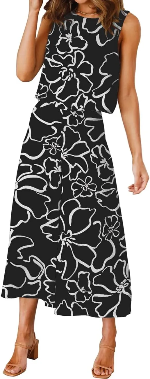 ROYLAMP Women's Summer 2 Piece Outfits Round Neck Crop Basic Top Cropped Wide Leg Pants Set Jumpsuits