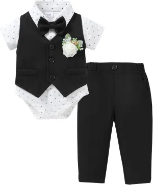 SANMIO Baby Boy Clothes Suits Summer Short Sleeve Dress Shirt Vest Tie Pants Infant Boy Wedding Christening Outfits Set 0-24M