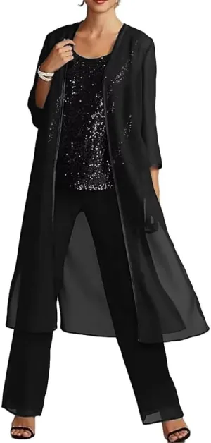 Saprkly Sequins Mother of The Bride Pant Suits for Women Chiffon Formal Evening Dress