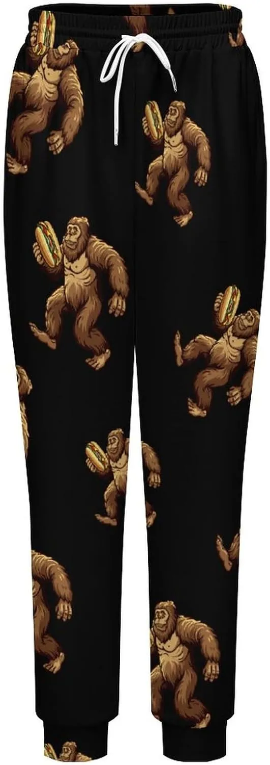 Sasquatch Bigfoot Carrying Hotdog Mens Sweatpants Drawstring Joggers Athletic Pants with Pockets