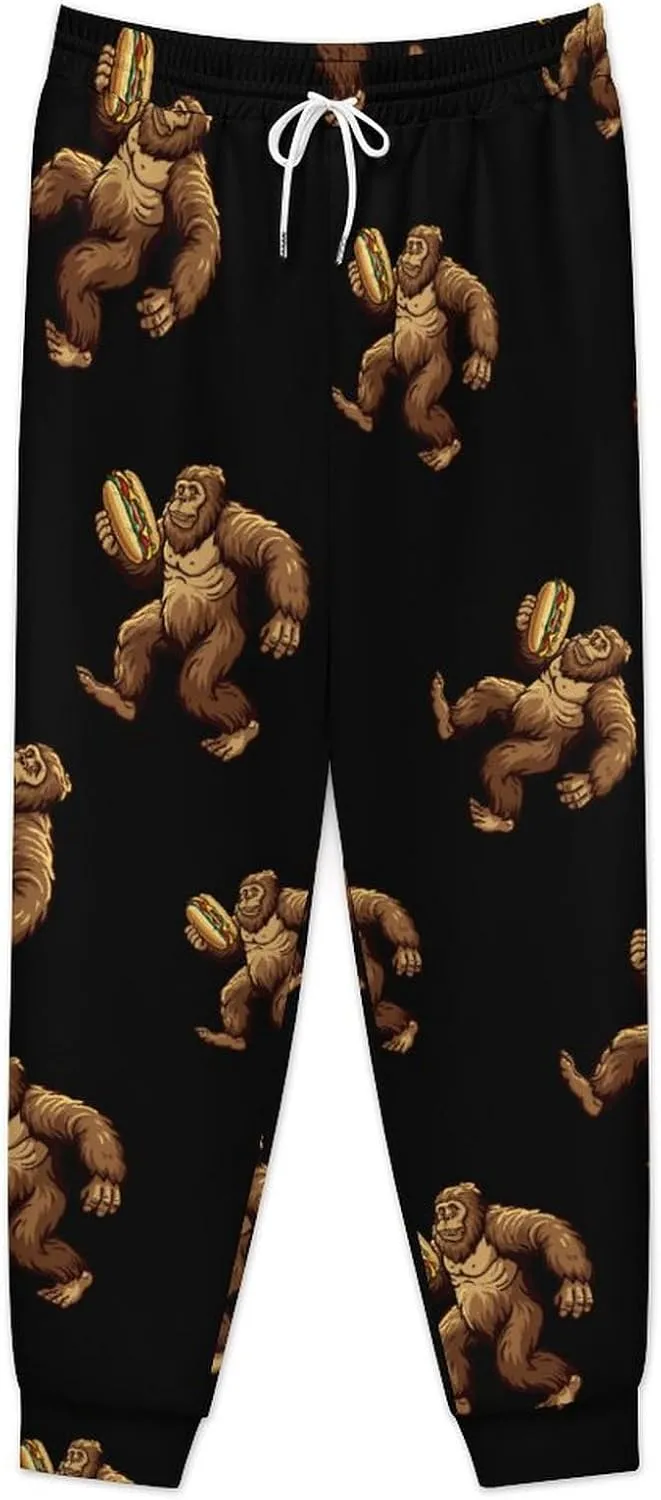 Sasquatch Bigfoot Carrying Hotdog Mens Sweatpants Drawstring Joggers Athletic Pants with Pockets