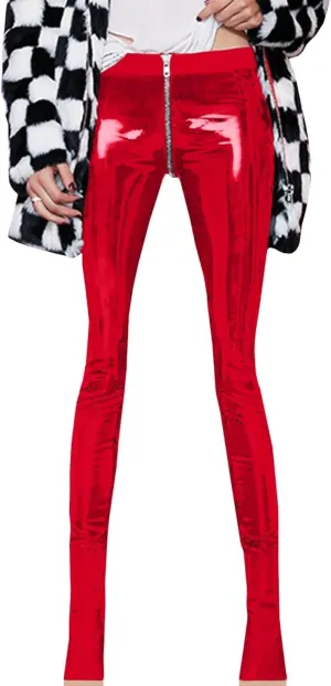 SEMATOMALA Women's Latex Zipper Crotch Leggings Sexy PVC Faux Leather Shiny Wet Look Black Red Tight Lingerie Pants