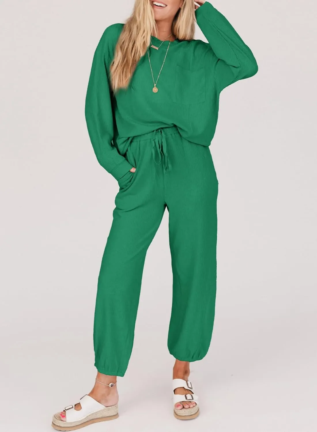 SHEWIN Women's 2 Piece Outfits Waffle Knit Lounge Sets Casual Long Sleeve Pullover Drawstring Jogger Pants Tracksuit Set