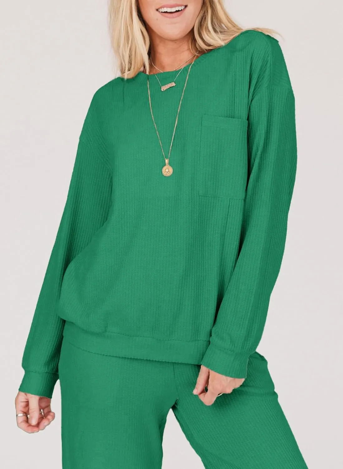 SHEWIN Women's 2 Piece Outfits Waffle Knit Lounge Sets Casual Long Sleeve Pullover Drawstring Jogger Pants Tracksuit Set