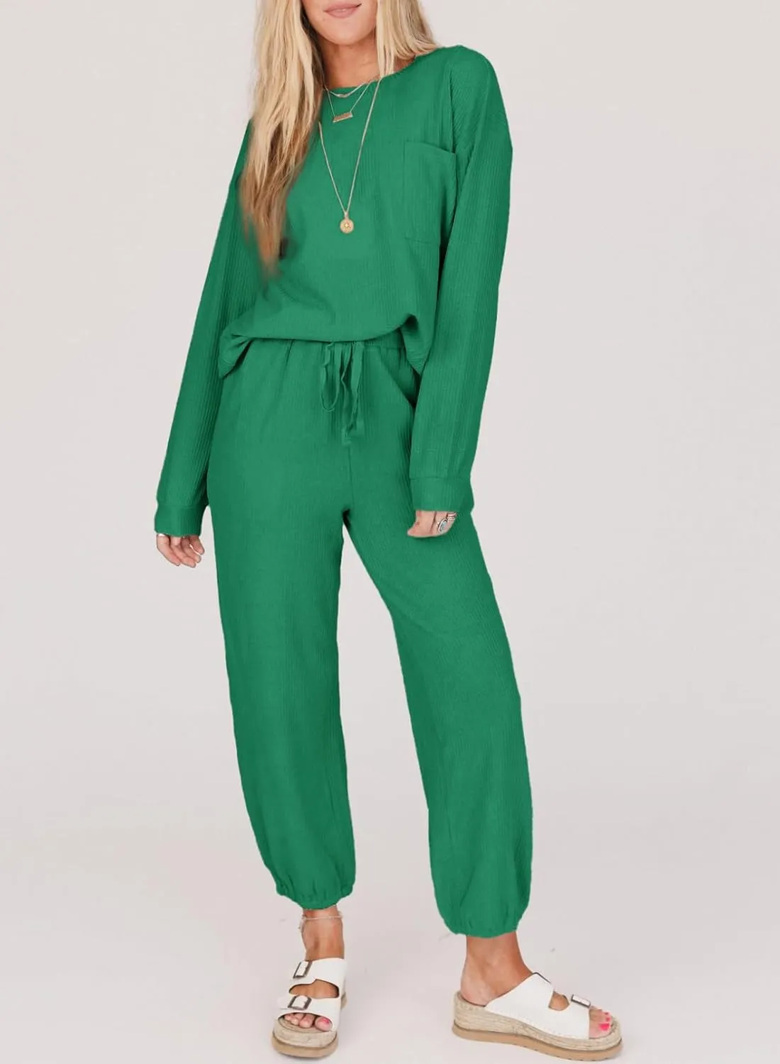 SHEWIN Women's 2 Piece Outfits Waffle Knit Lounge Sets Casual Long Sleeve Pullover Drawstring Jogger Pants Tracksuit Set